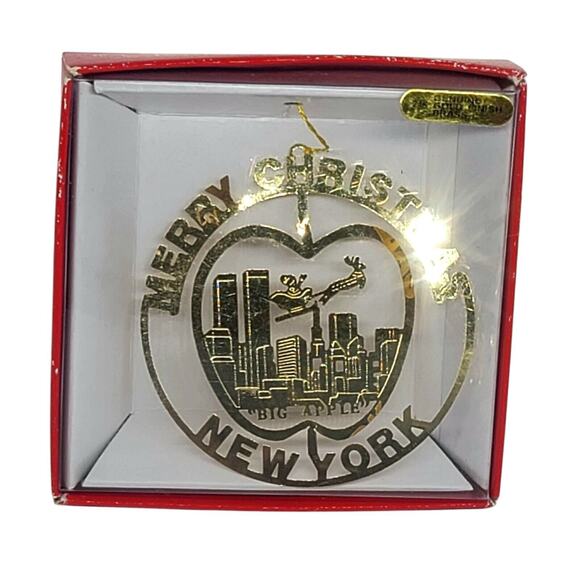 Merry Christmas New York Big Apple Twin Towers Ornament 24K Gold Finish Brass - Picture 1 of 1